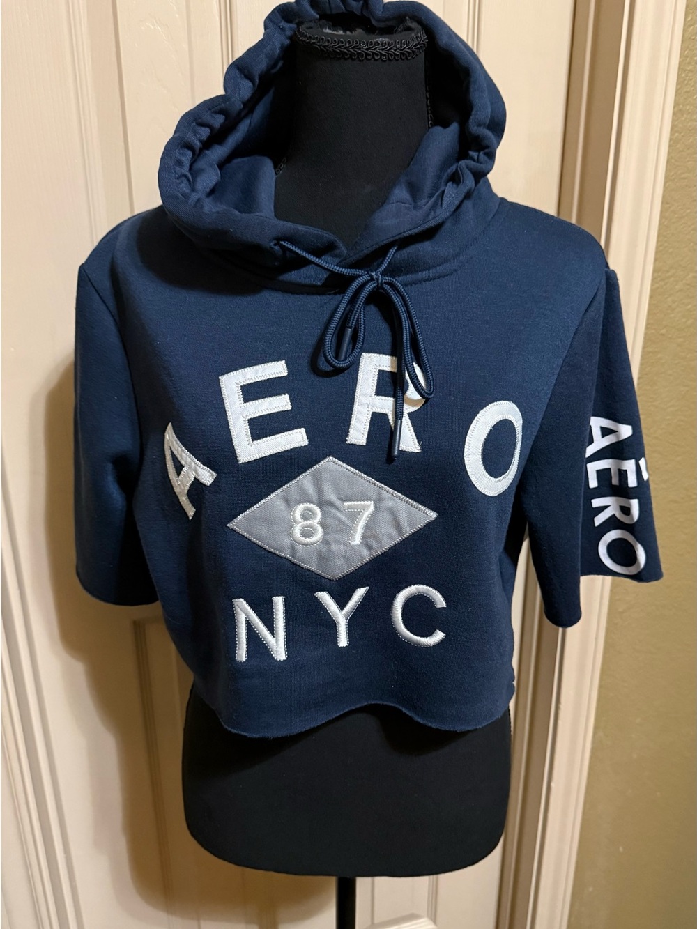 Aeropostale Navy Cropped Hoodie with White Embroidered Logo